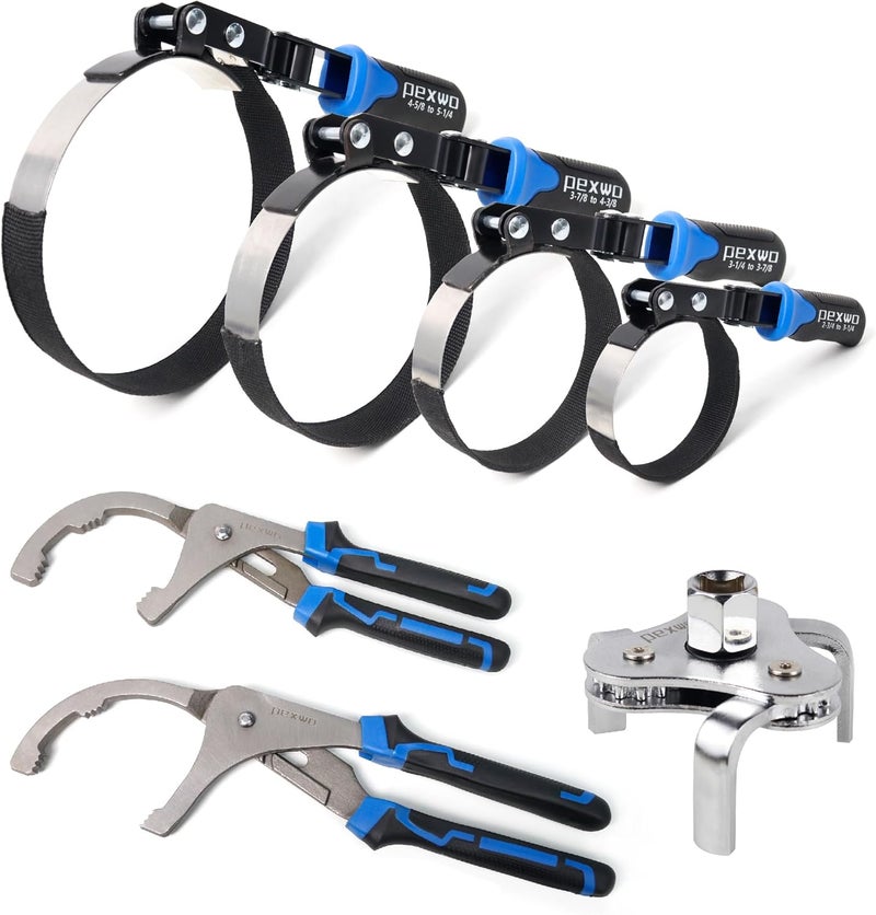 pexwo 8PC Oil Filter Wrench Set - Swivel Wrenches (2-3/4" to 5-1/4") + Adjustable Pliers (9" & 12") + 3-Jaw Removal Tool w/ 1/2" & 3/8" Adapter - Universal Oil Filter Removal Kit - Image 1